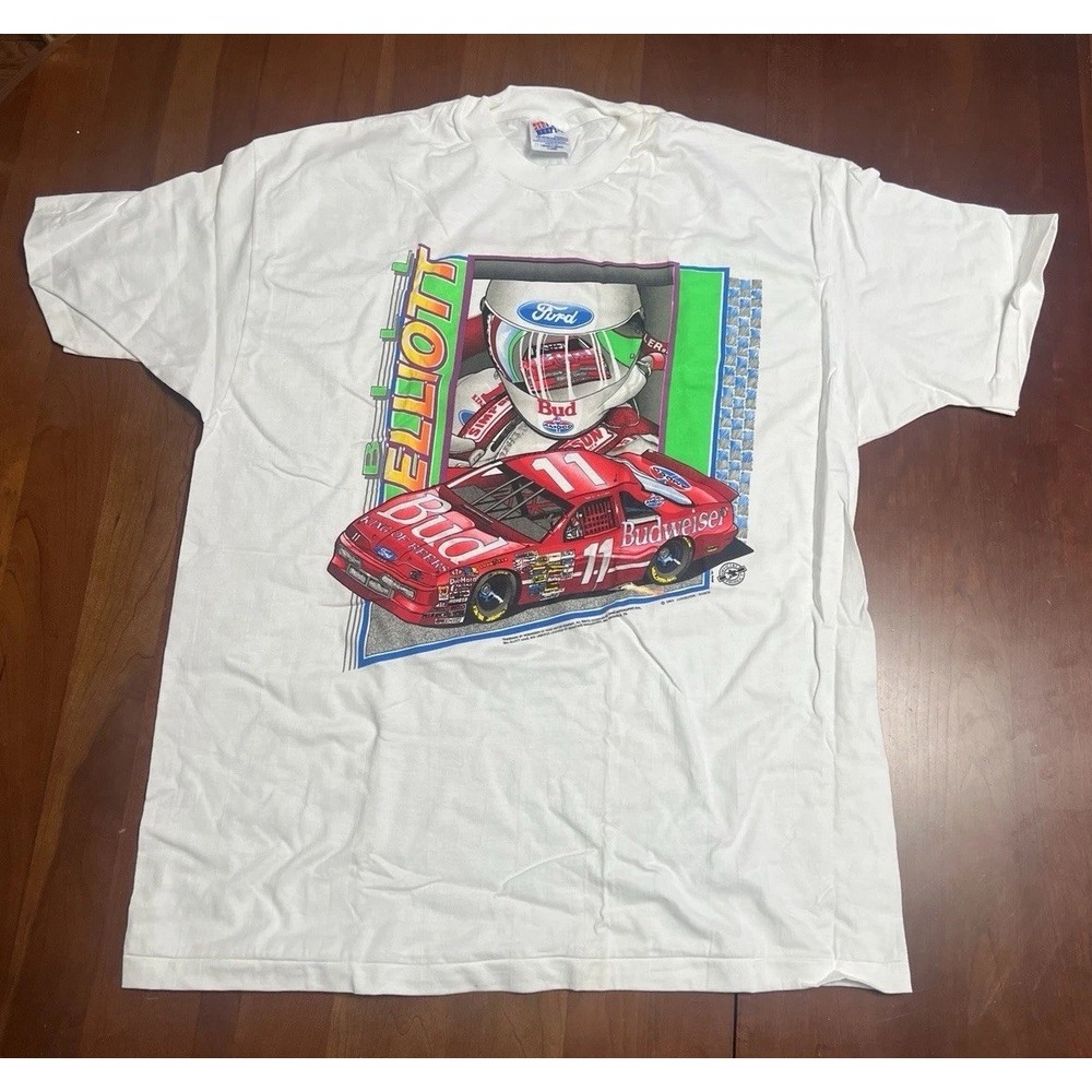 Vtg NASCAR Bill Elliott Budweiser Racing Shirt Hanes Beefy-T Mens XL USA X-Large
